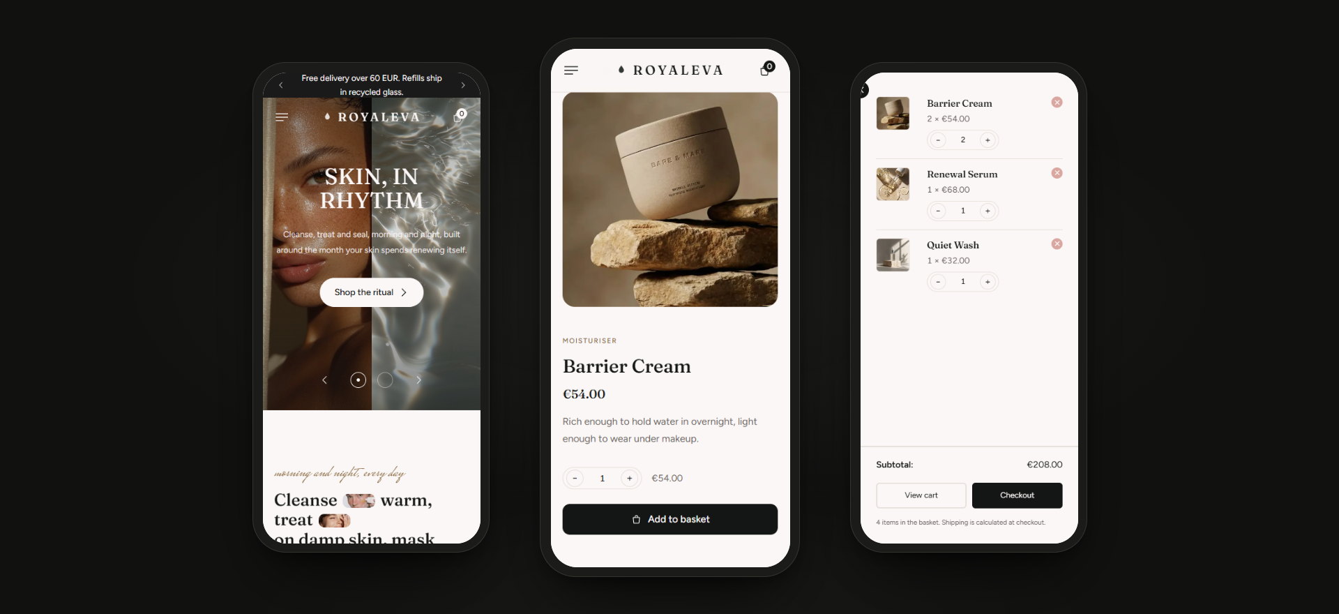 ROYALEVA on three phones: the homepage, the Barrier Cream product page and a basket with selected products, quantities and subtotal.