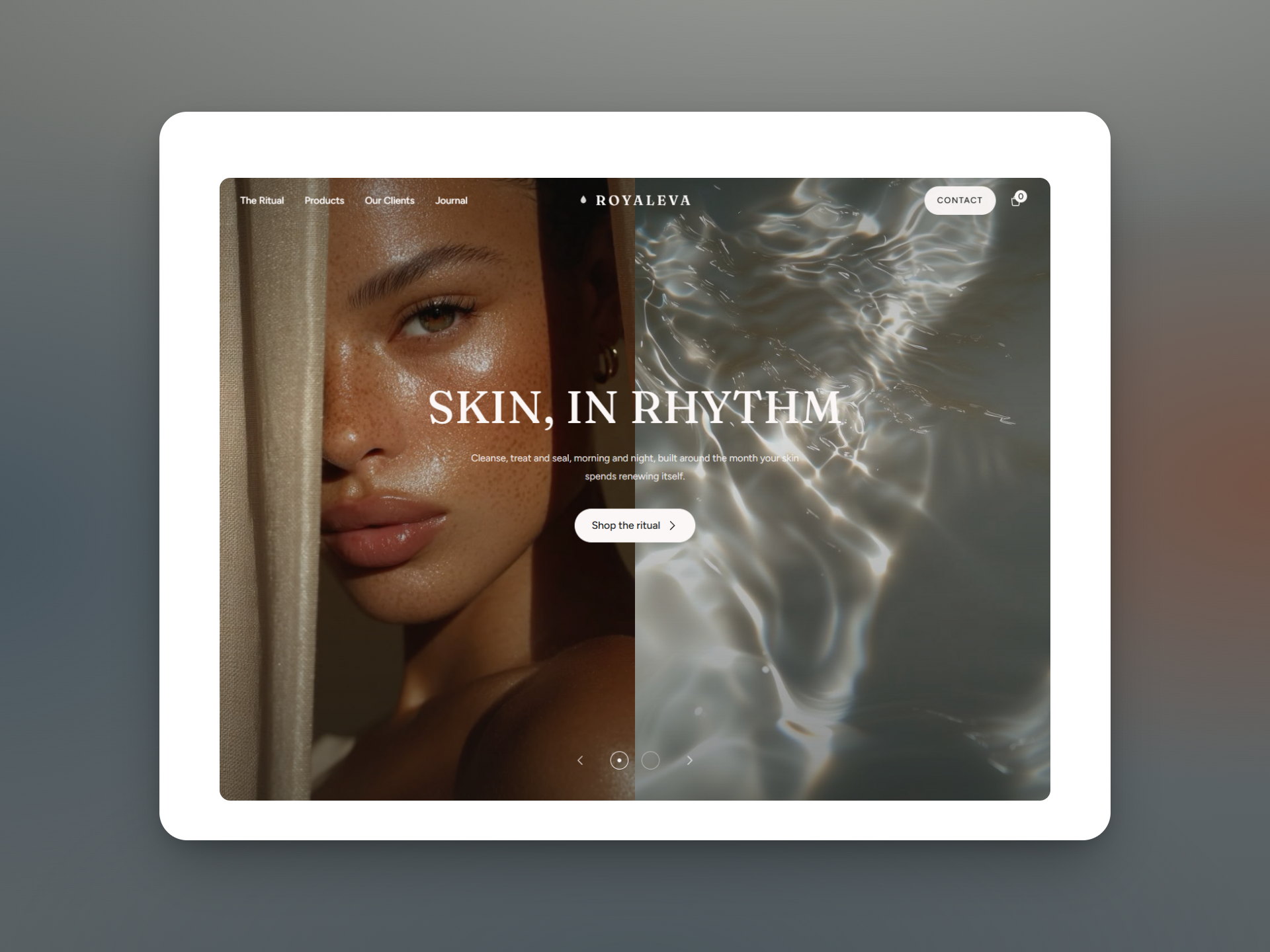 ROYALEVA - A skincare storefront that helps visitors understand the ritual, explore seven products and keep their choices in a saved basket.